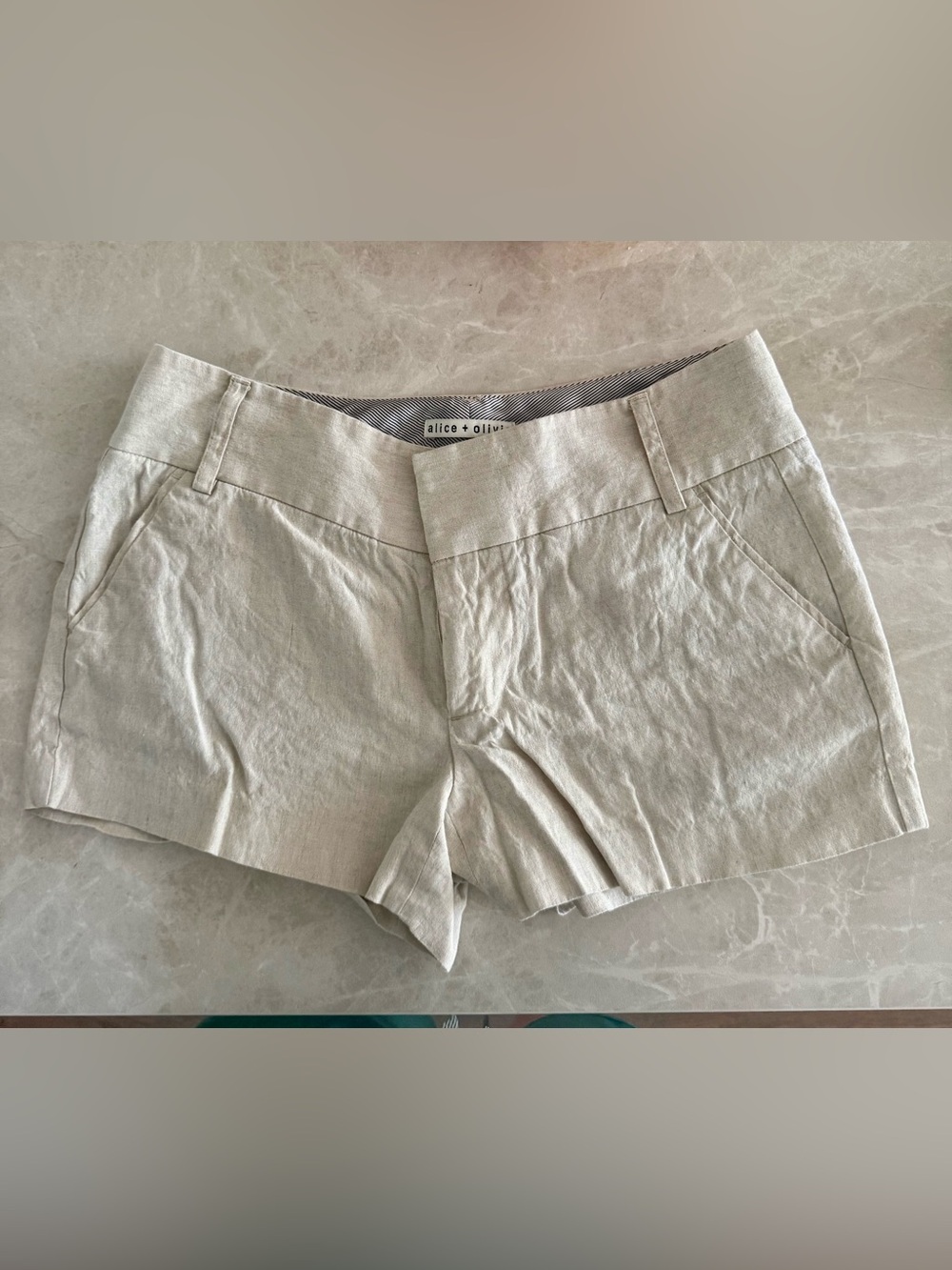 Alice + Olivia Tailored Light Cream High-Waist Linen-Blend Shorts